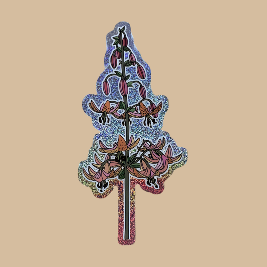 Sticker of Martagon Lily in Orange and Pink design with sliver and rainbow reflective glitter on a beige background