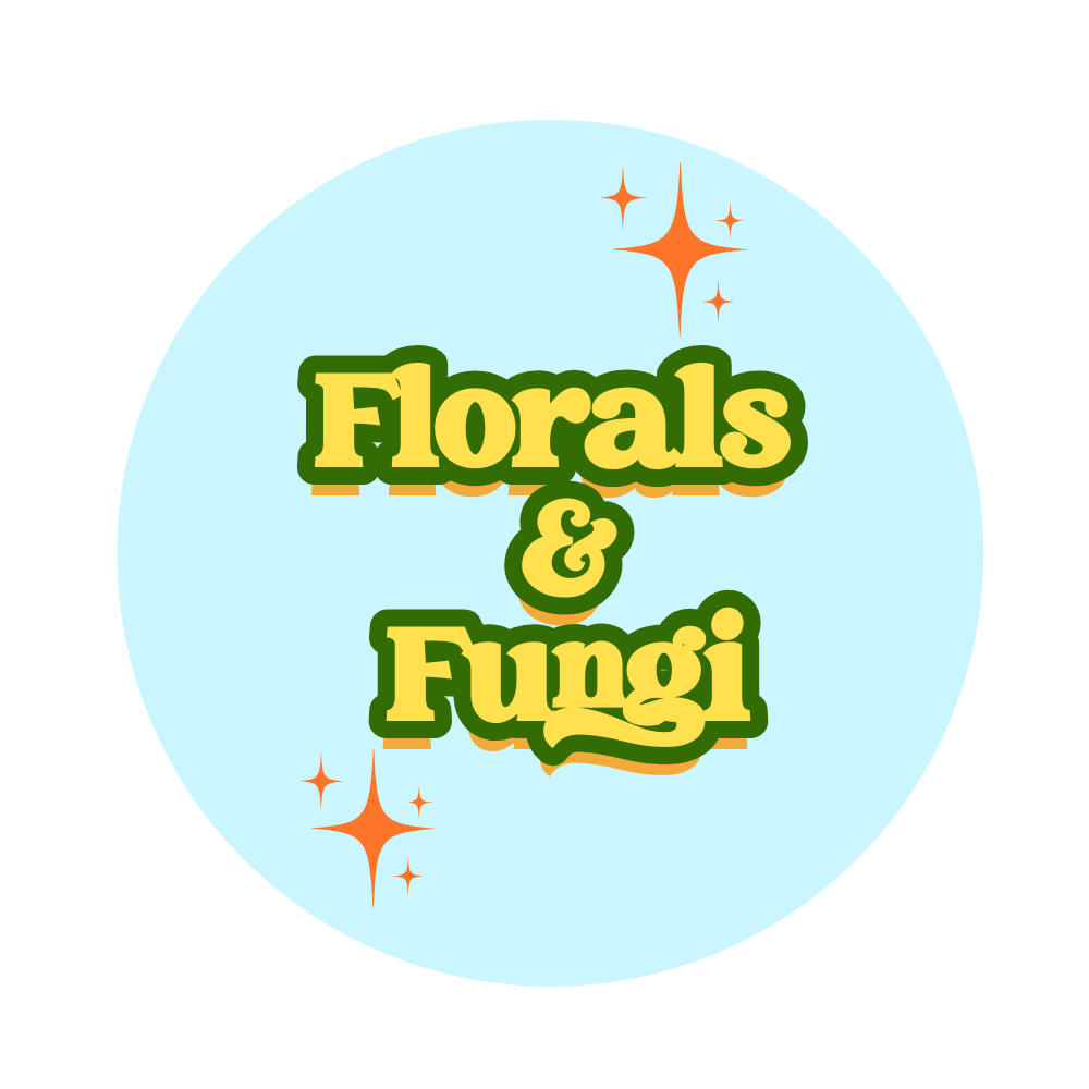 Blue circle with the words, "Floral & Fungi" 