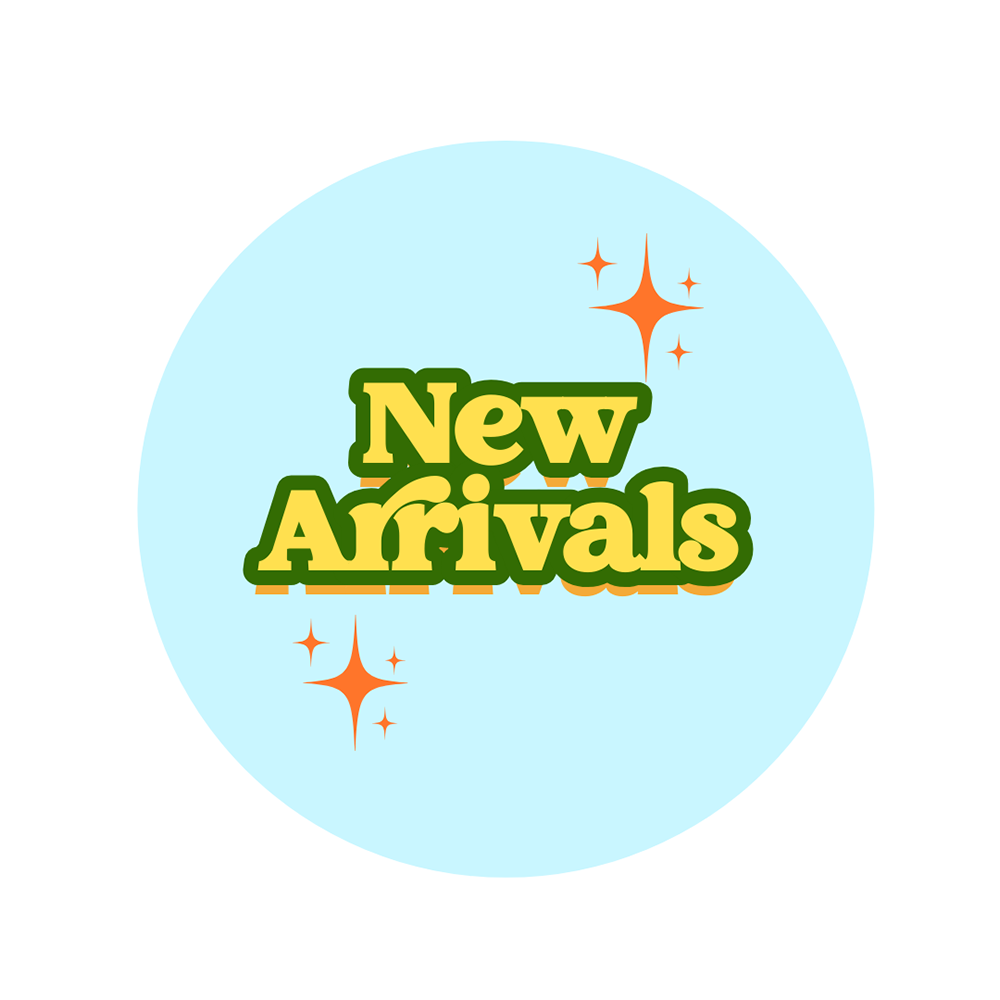 Blue circle with the word, "New Arrivals" 