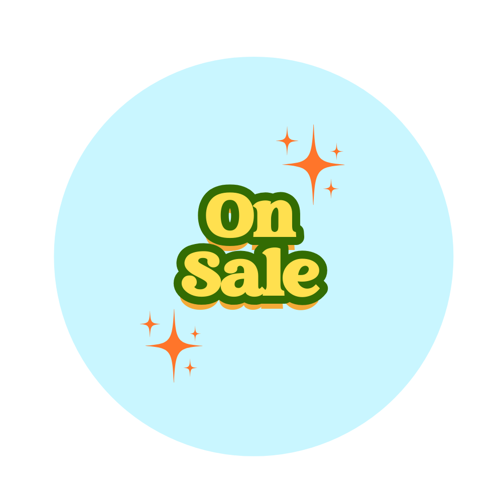 Blue circle with the words, "On Sale" 