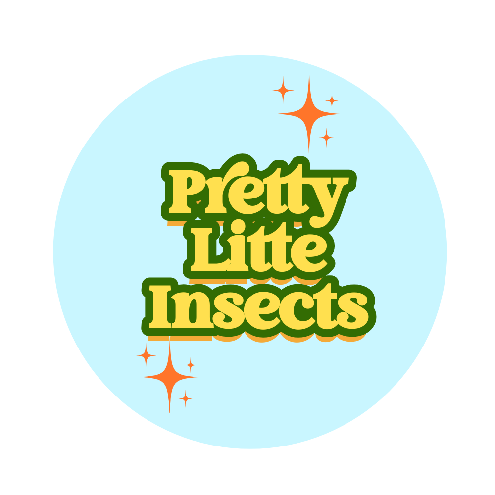 Blue circle with the word, "Pretty Little Insects" 