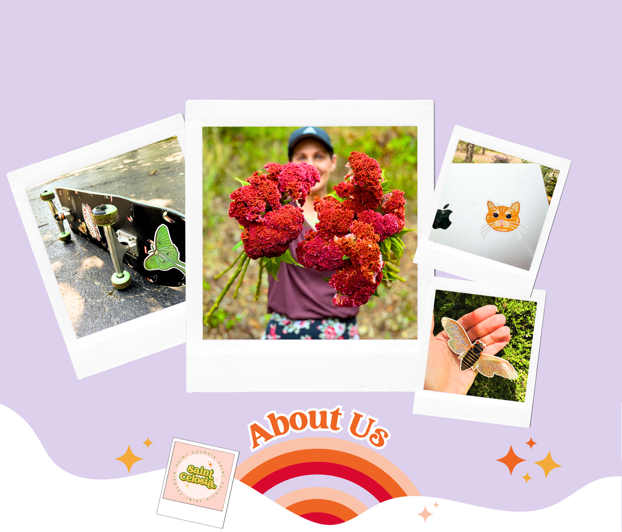 Collage of sticker photos on a purple background with 'About Us' text.