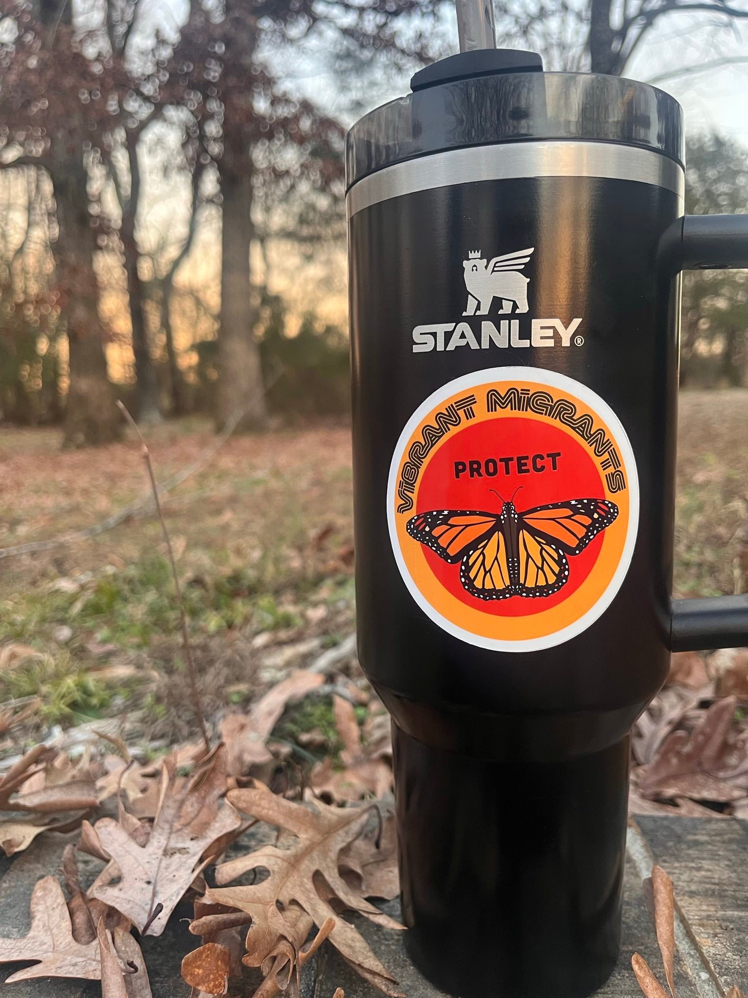 Stanley mug with a butterfly conservation sticker in a natural setting. The stocker reads Protect Vibrant Migrants. 