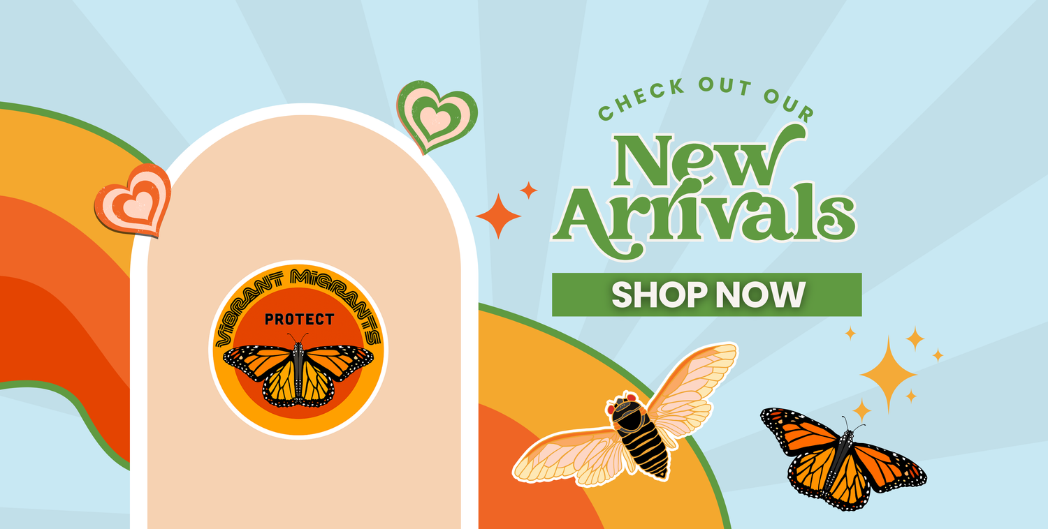 Promotional banner with butterfly and bee graphics, 'New Arrivals' text, and 'Shop Now' button on a colorful background.