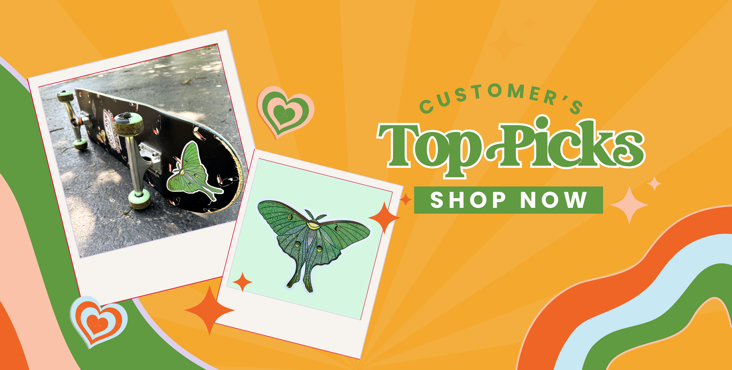 Promotional graphic with butterfly-themed products and 'Customer's Top Picks' text on an orange background.
