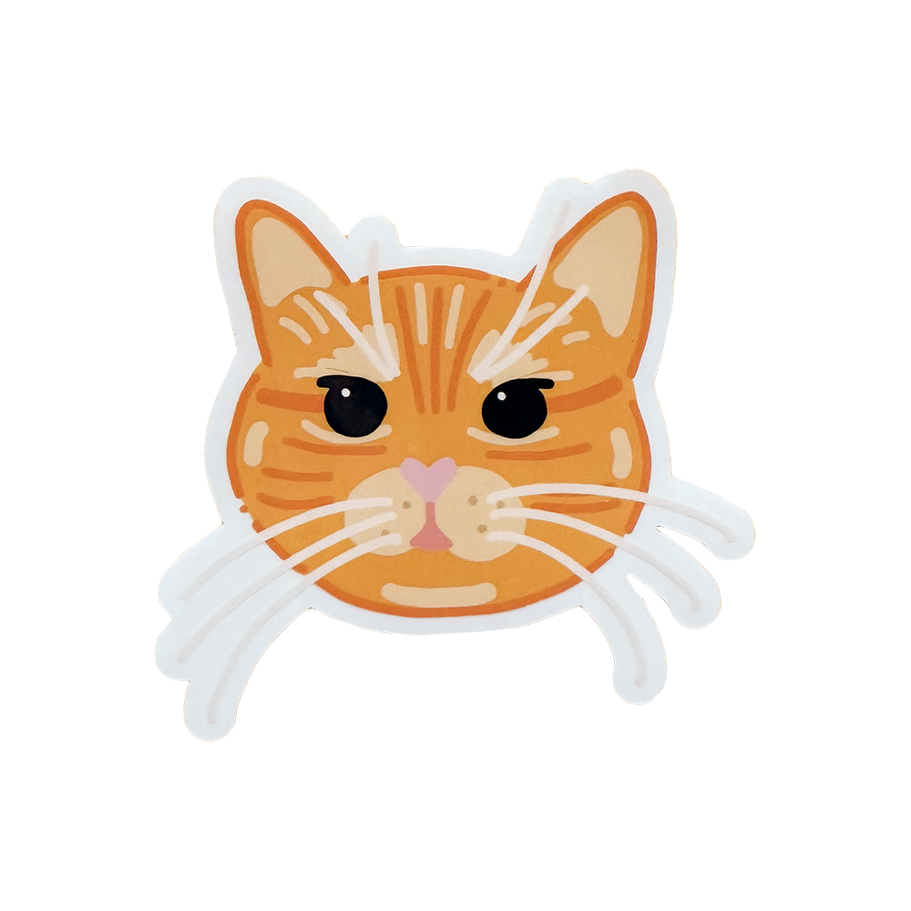 Cartoon orange cat face sticker on a white background. 