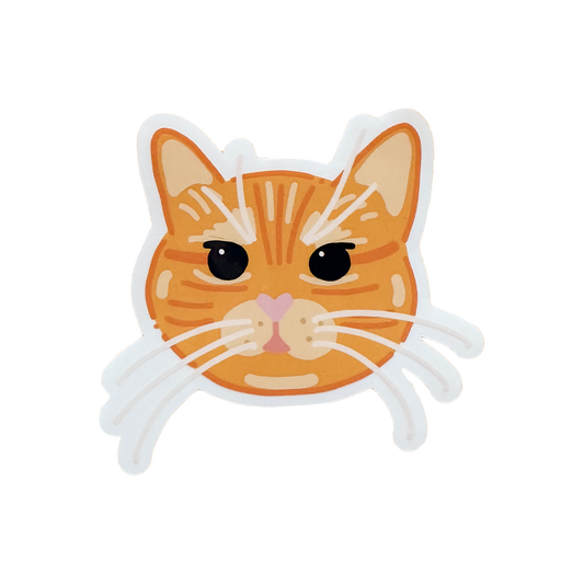 Cartoon orange cat face sticker on a white background. 