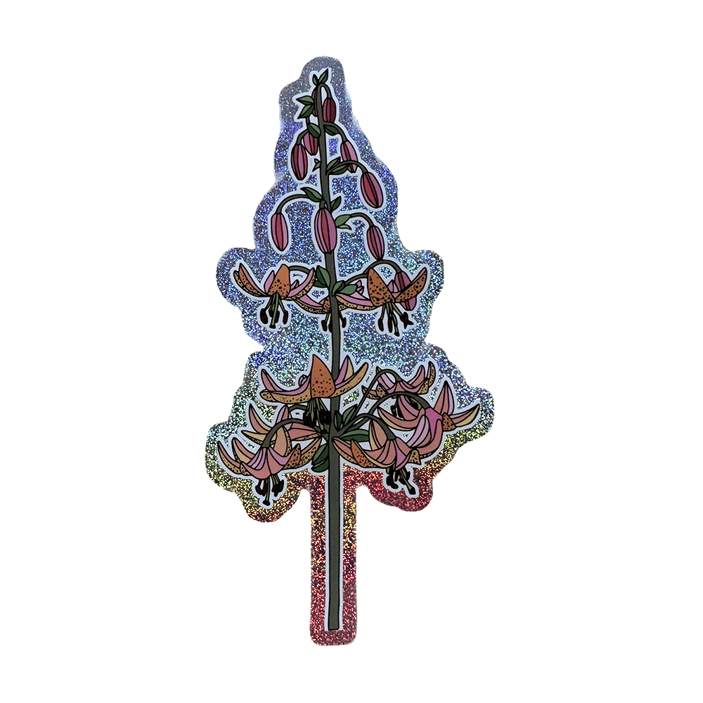 Sticker of Martagon Lily in Orange and Pink  design with sliver and rainbow reflective glitter on a white background