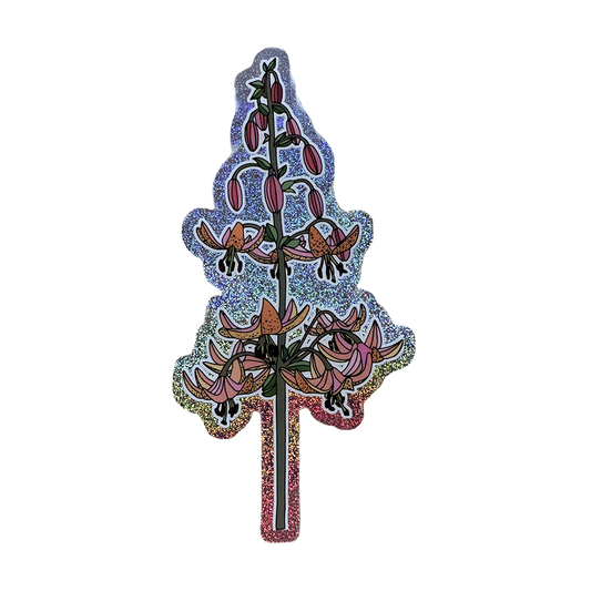 Sticker of Martagon Lily in Orange and Pink  design with sliver and rainbow reflective glitter on a white background
