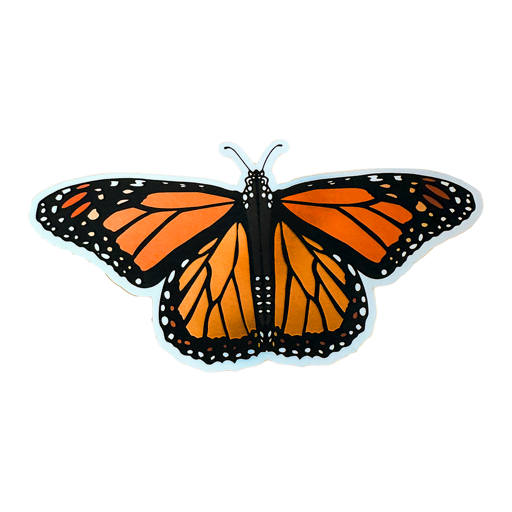 Monarch butterfly sticker with orange wings and black borders on a white background.