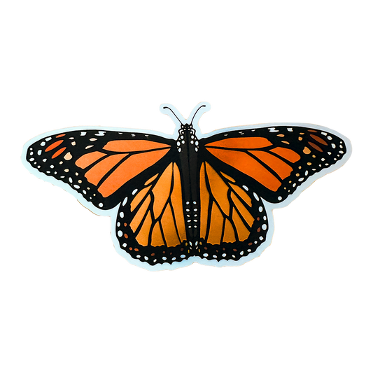 Monarch butterfly sticker with orange wings and black borders on a white background.