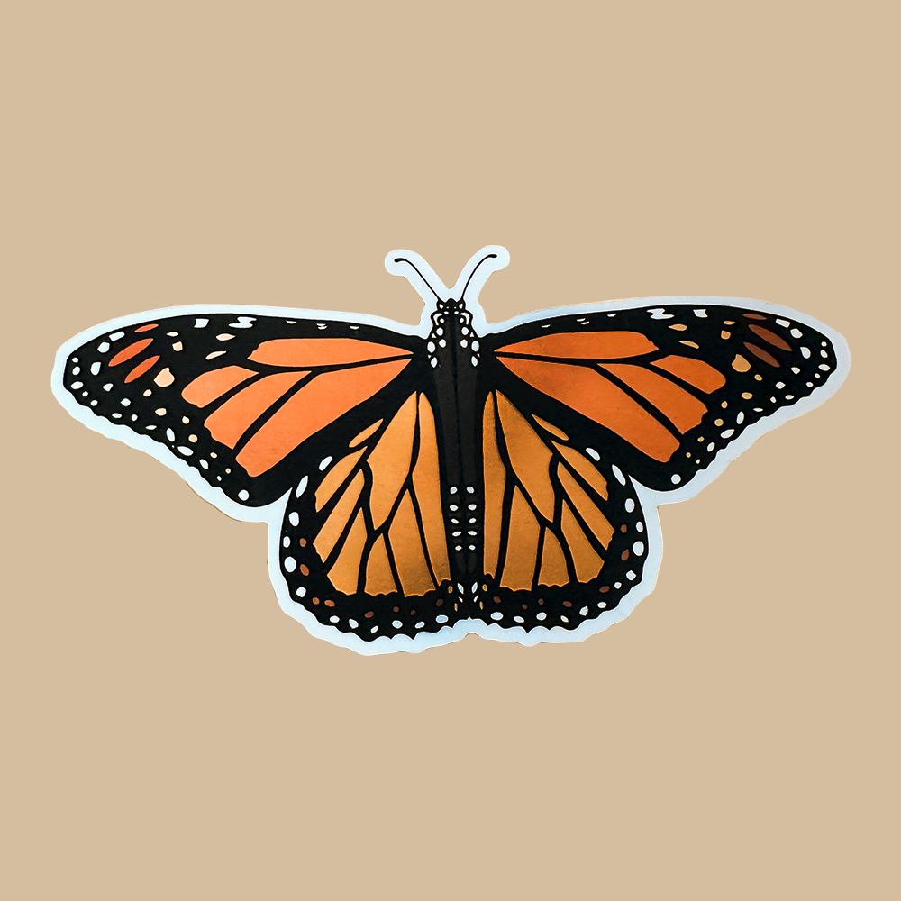 Monarch butterfly sticker with orange spots, all on a beige background.