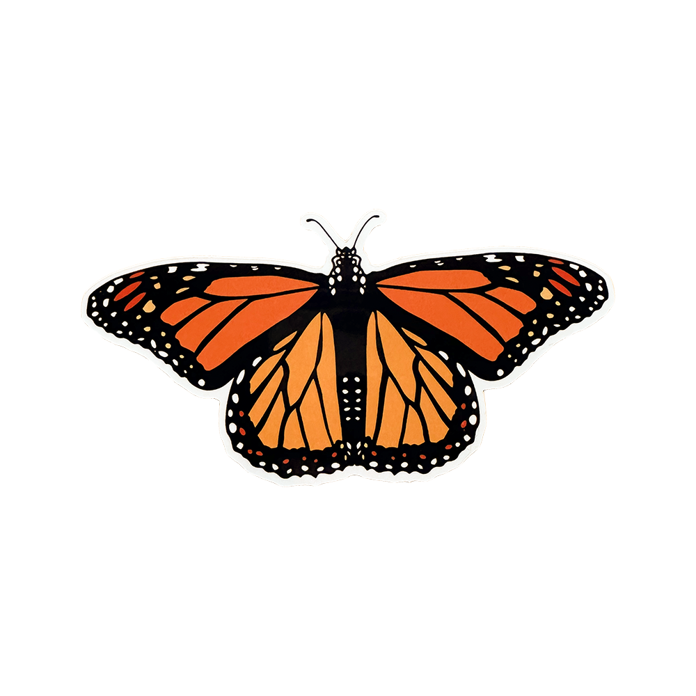 Monarch butterfly sticker with orange and black wings on a white background