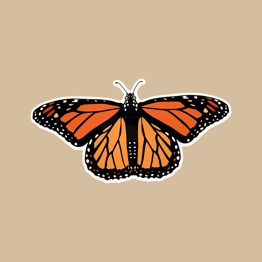 Monarch butterfly sticker with orange and black wings on a beige background