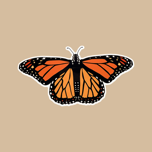 Monarch butterfly sticker with orange and black wings on a beige background