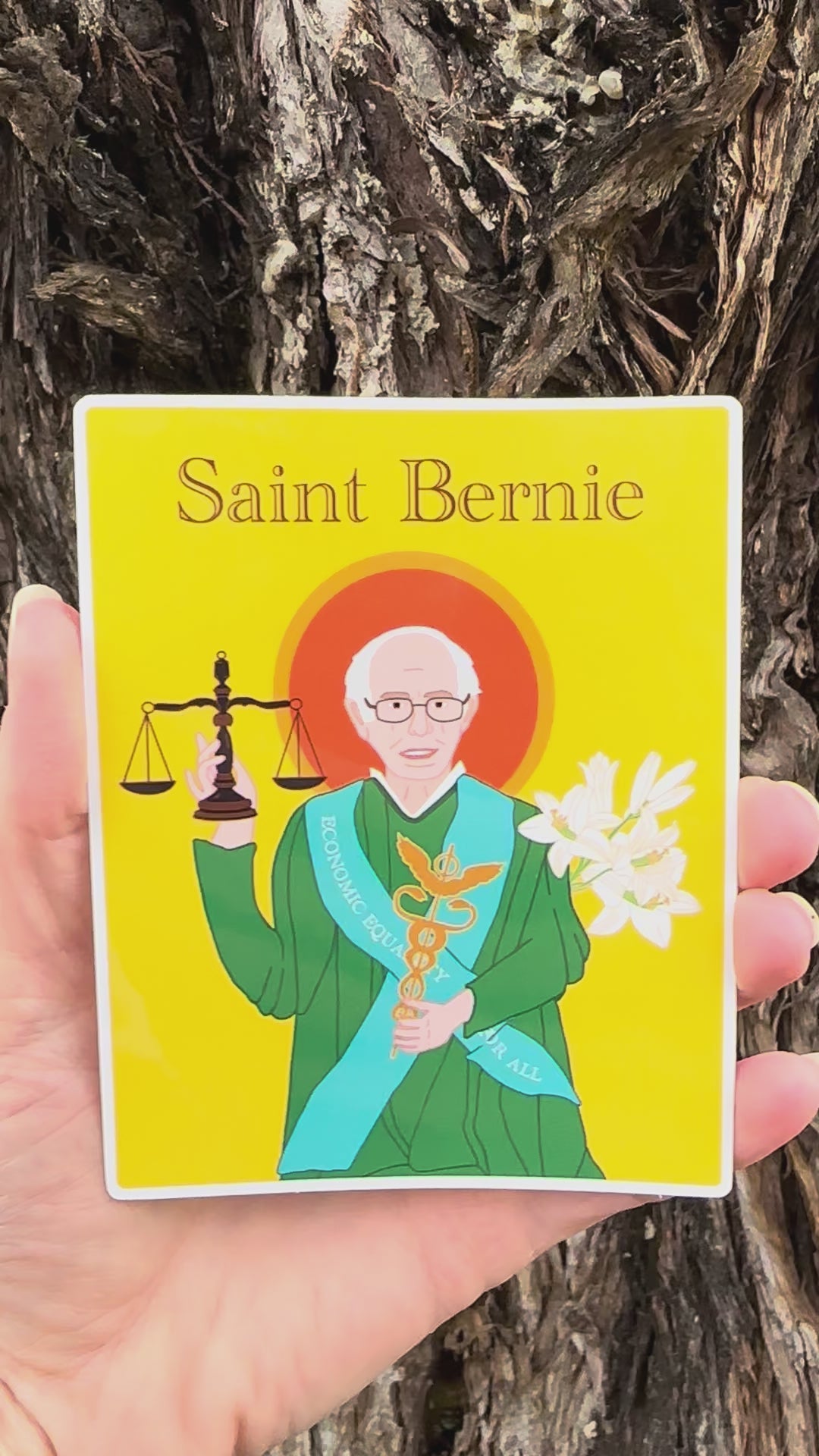 "Saint Bernie"  Sticker movement video that shows the light reflecting on the artwork. 