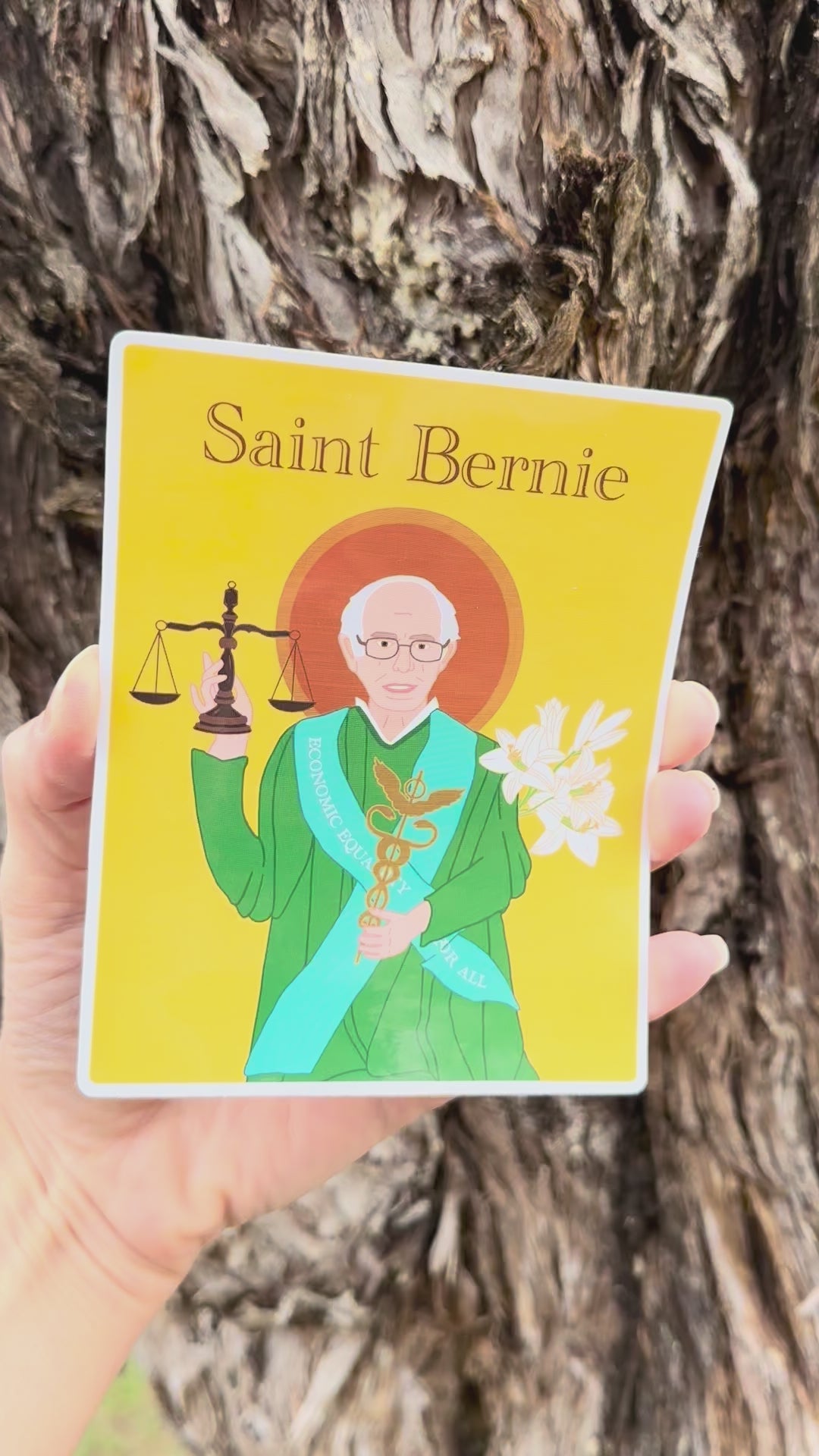 "Saint Bernie" Sticker movement video that shows the light reflecting on the artwork and aluminum shapes. 