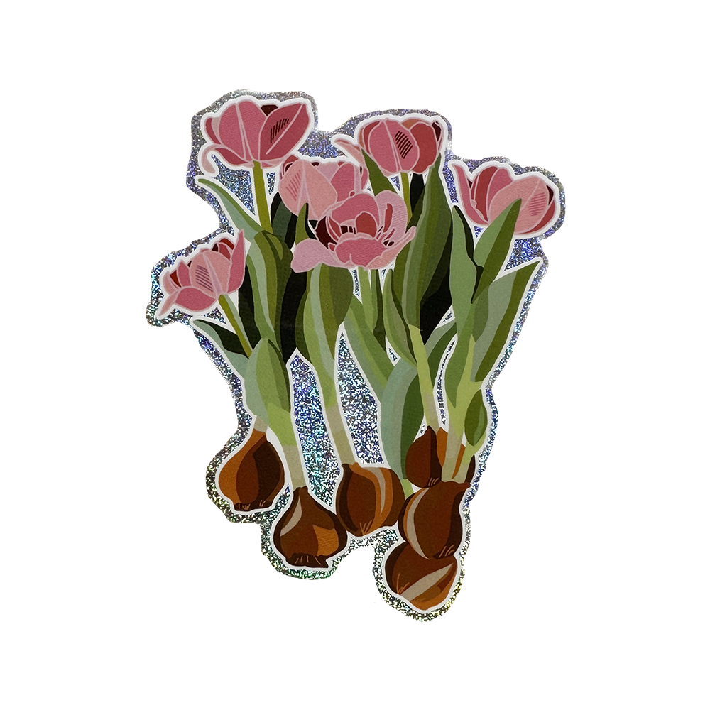 Tulip Bunch with Bulbs in Pink with glitter outline