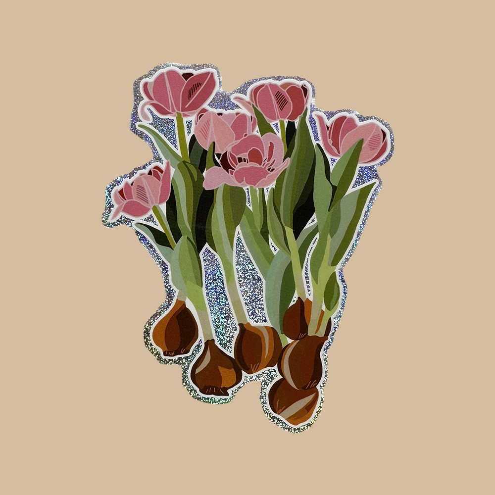Tulip Bunch with Bulbs in Pink with glitter outline