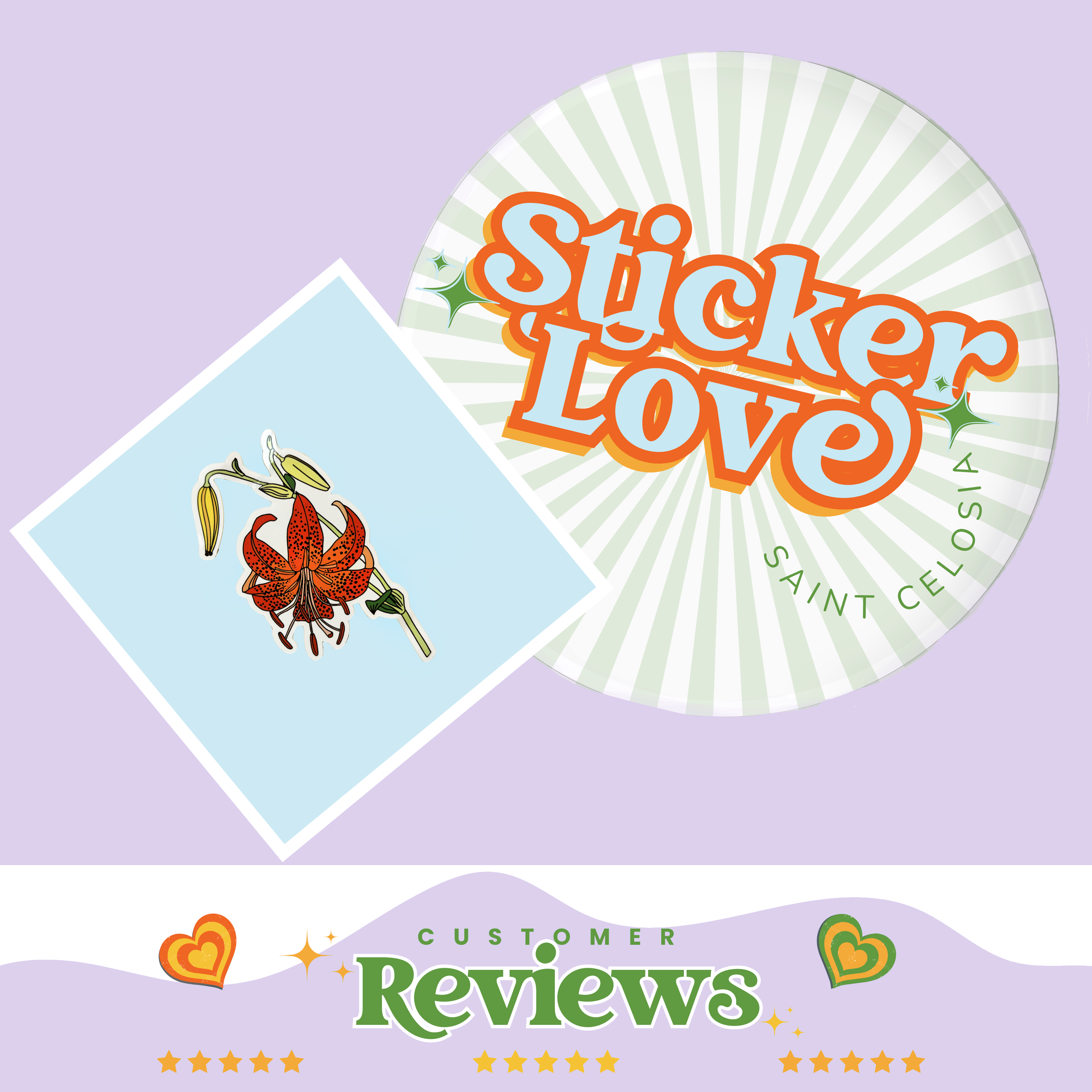 Two stickers from 'Sticker Love' on a purple background with 'Customer Reviews' text.