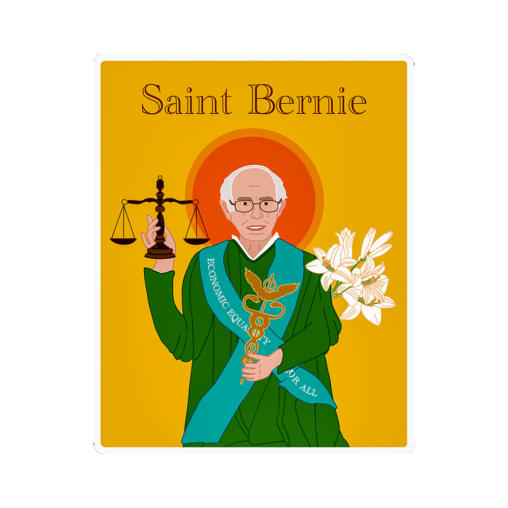 Illustration of a person in a green robe holding a balance scale and flowers, with 'Saint Bernie' text on an orange background.