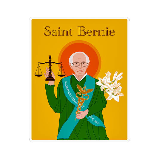 Illustration of a person in a green robe holding a balance scale and flowers, with 'Saint Bernie' text on an orange background.