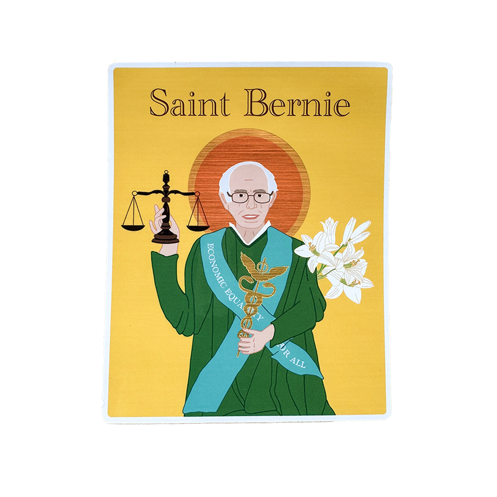 Illustration of a person in a green robe holding scales and flowers with 'Saint Bernie' text on a yellow background.