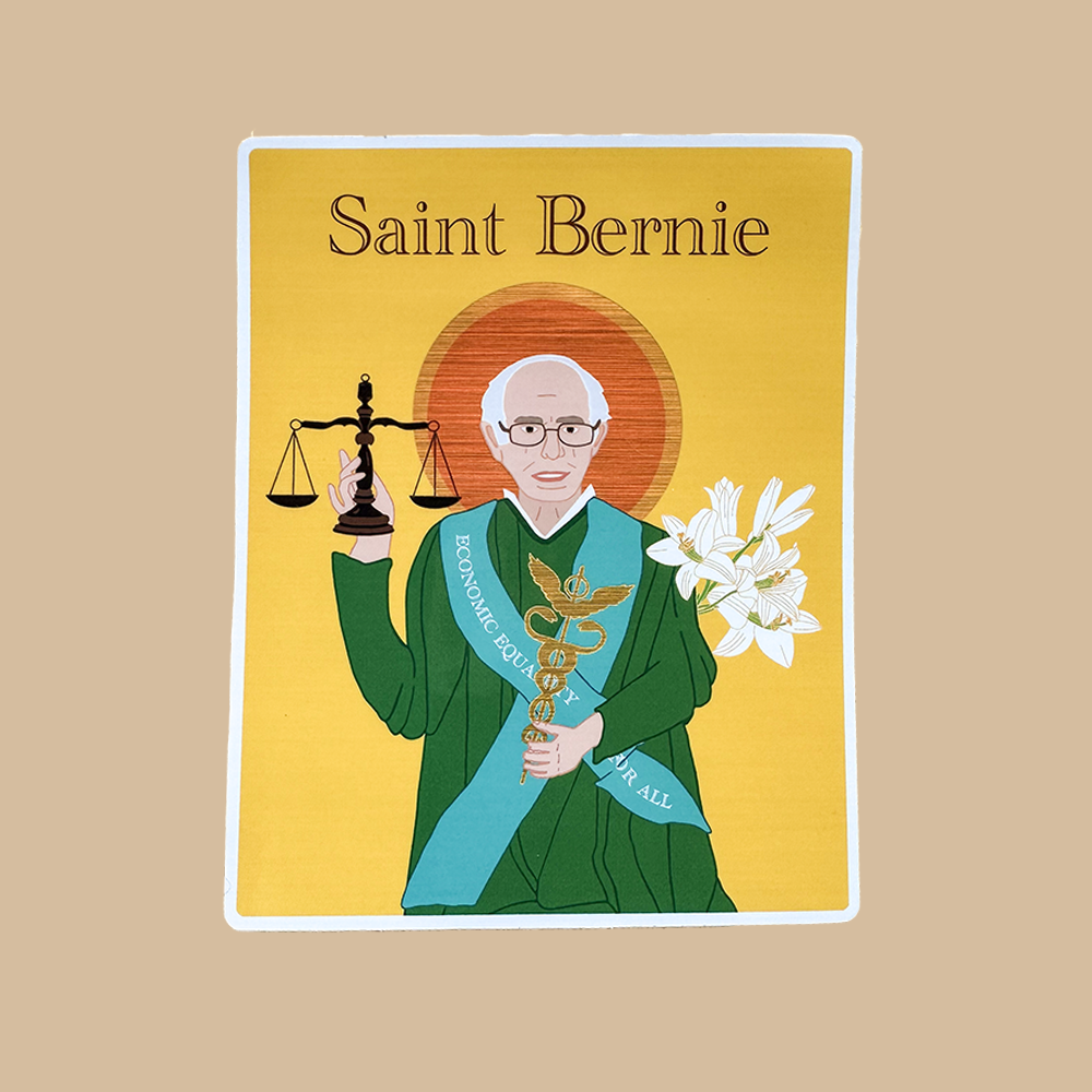 Illustration of a person in a green robe holding scales and flowers with 'Saint Bernie' text on a  beige background.