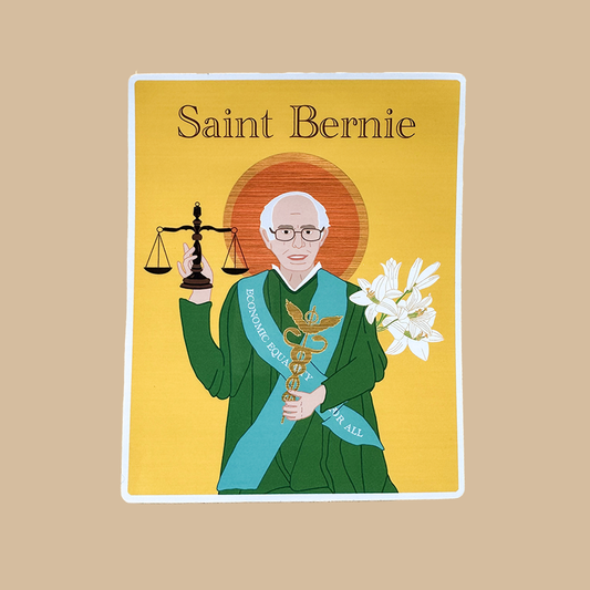 Illustration of a person in a green robe holding scales and flowers with 'Saint Bernie' text on a  beige background.