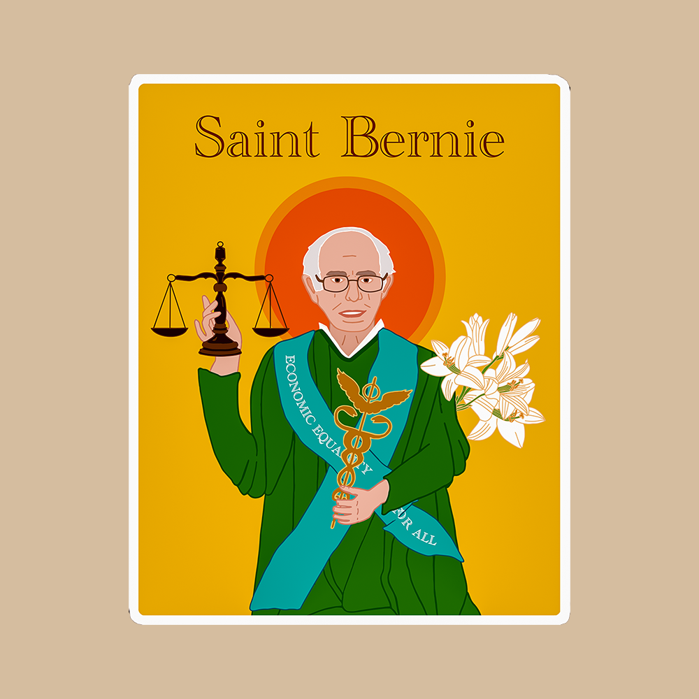 Illustration of a person in a green robe holding a balance scale and flowers, with 'Saint Bernie' text on a deep yellow background with a white frame. All a sticker on a white background. 