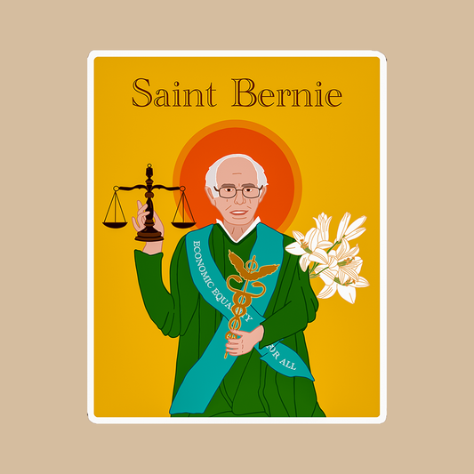 Illustration of a person in a green robe holding a balance scale and flowers, with 'Saint Bernie' text on a deep yellow background with a white frame. All a sticker on a white background. 
